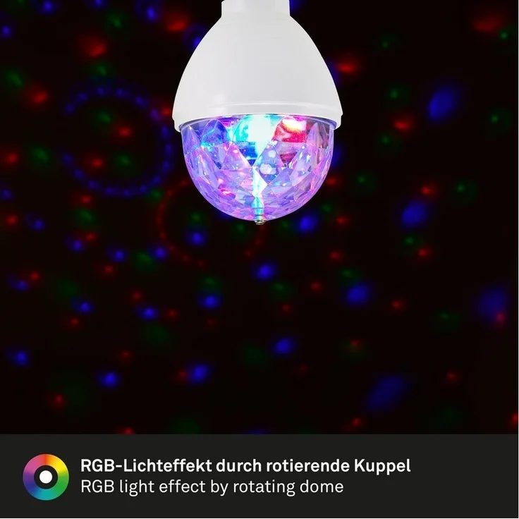 BRILONER - LED Discokugel E27 mit buntem RGB Licht, rotierendes Licht, Kristalloptik, Discolicht Partylicht, Party Deko Geburtstag, Partybeleuchtung, Lampe, Glühbirne, LED Birne, 12,9x7,3 cm, Klar – Bild 2