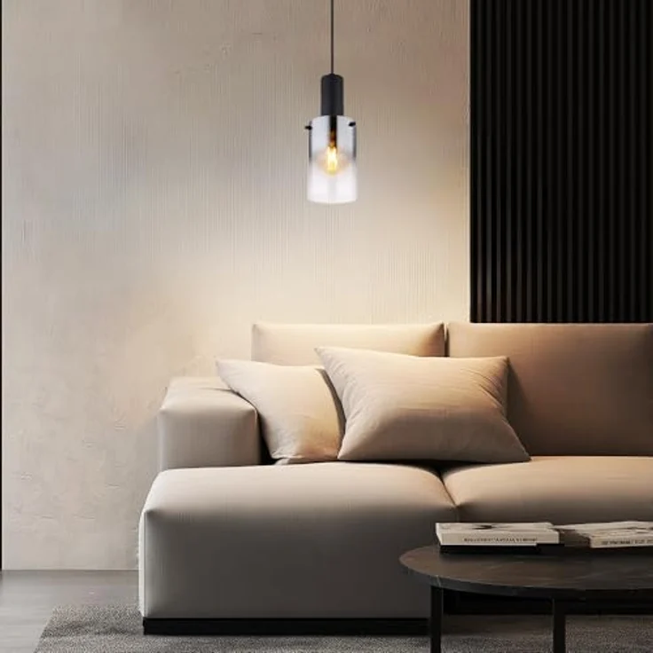 GLOBO Pendelleuchte 1-flammig, Hängelampe aus rauchfarbenem Glas, Höhe 150 cm, Metall schwarz matt – Bild 2