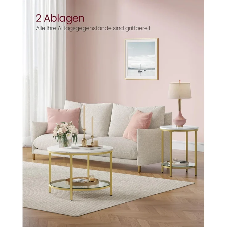 VASAGLE Couchtisch, Wohnzimmertisch, Sofatisch, für Wohnzimmer, mit Glasplatte, viel Stauraum, einfacher Aufbau, moderner Stil, marmorweiß-helles Gold LCT072W59 – Bild 4