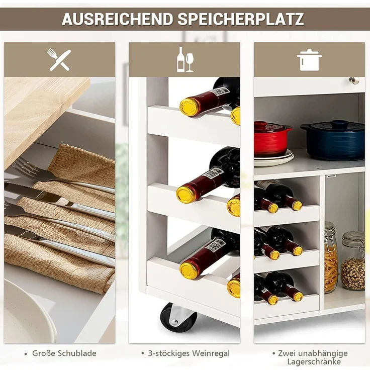 COSTWAY Servierwagen Küchenschrank Küchenwagen Küchentrolley Beistellwagen Küchenregal Rollwagen Weinregal Weinschrank Holz weiss – Bild 6
