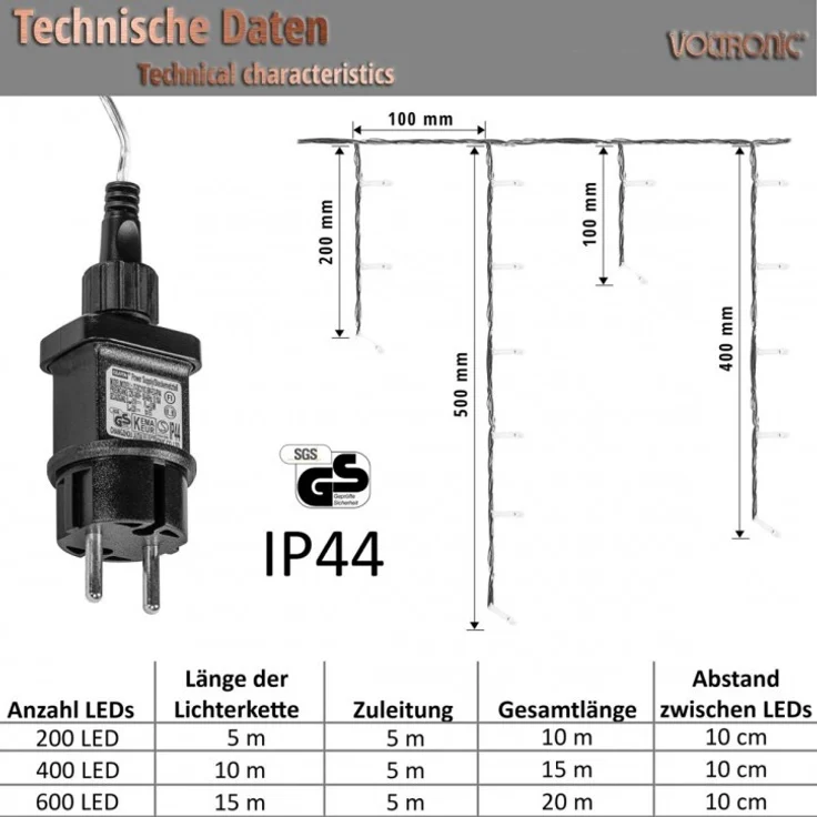 VOLTRONIC® Eisregen Lichterkette, innen und außen, IP44, Größen- und Farbwahl, 200 LEDs, warmweiß / kaltweiß – Bild 3