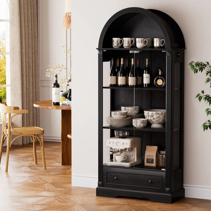 Vitrine Schwarz mit Glasfront, LED-Sensorlicht und offenen Bogenfächern,80x35x180 cm – Bild 1