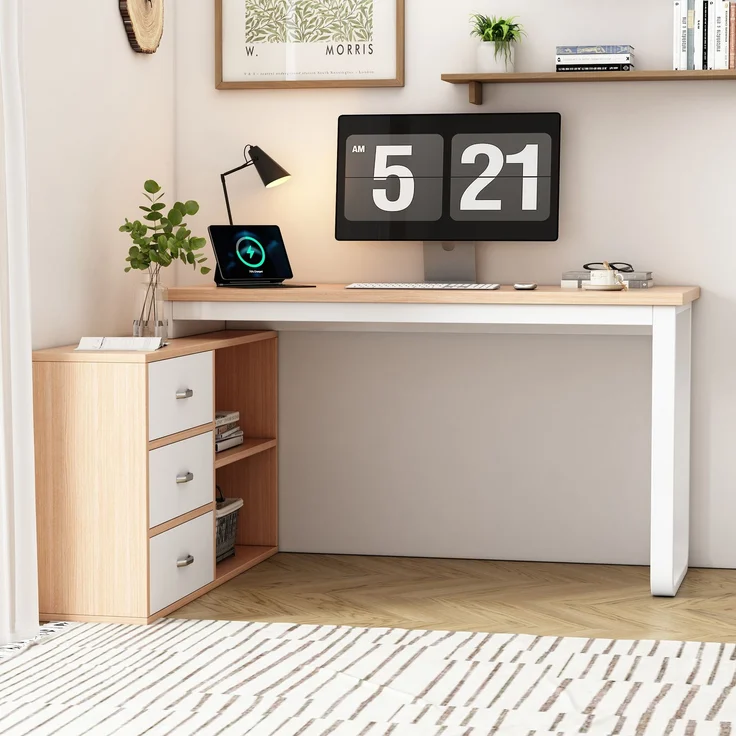 Flieks L-Form Schreibtisch 147×100×75.3 cm, Bürotisch mit 3 Schubladen & 2 offenen Ablagefächern, massiver Stahlrahmen, Naturholzfarbe & Weiß – Bild 2