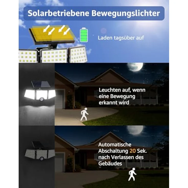 Lepro Solarlampen für Außen mit Bewegungsmelder, 360° Beleuchtungswinkel, 1000 Lumen 6W LED Solarlampen Aussen, IP65 Wasserdicht, 270°Drehbar Solar Außenleuchte für Außen Garten Balkon Garage – Bild 3