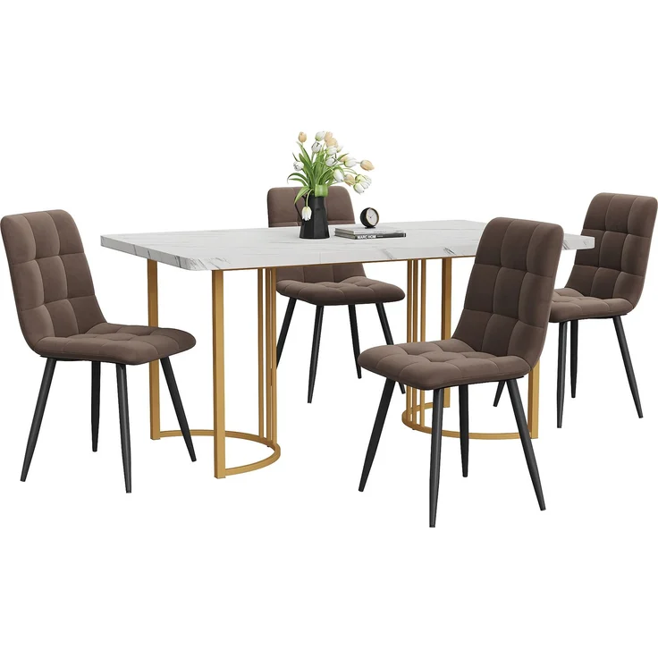 Essgruppe (5-tlg),Esstisch mit 4 Stühlen Set, Moderner Küchentisch Set , 140×80cm Küchentisch mit Golden Metallbeinen, MDF Tischplatte in Weißer,Braun Samt Esszimmerstühle--Weiß--96x69x18.5cm--YOUDENOVA – Bild 3