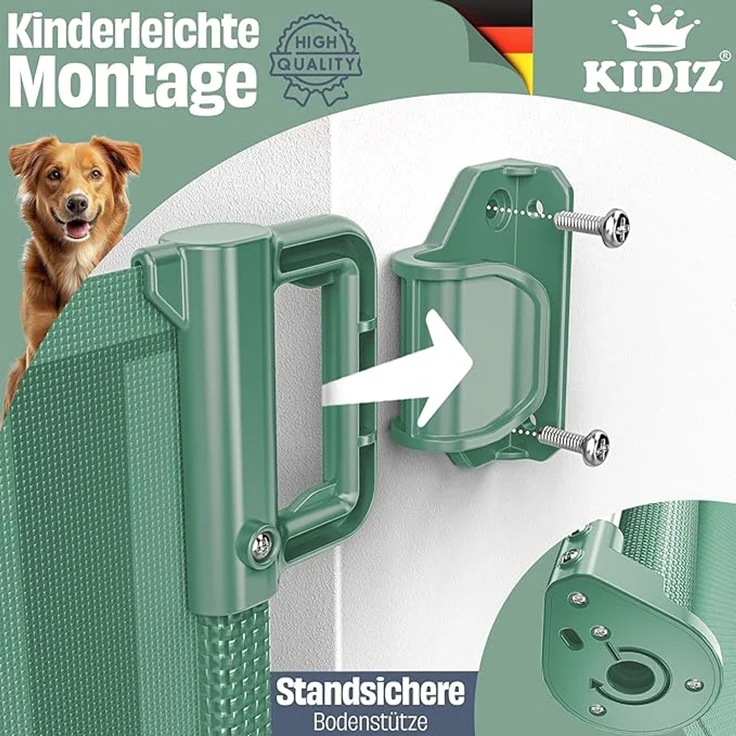 KIDIZ® Treppen- und Türschutzgitter, ausziehbar bis 140/180cm, kindersicheres Treppengitter für Babys, Haustiere, Treppen & Türen, inkl. Bodenanker & Montagezubehör, Dunkelgrün, 180 x 86 cm – Bild 5