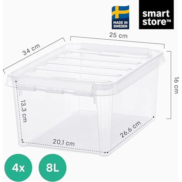 SmartStore - 4x Aufbewahrungsbox mit Deckel Classic 8L (34 x 25 x 16 cm) | Stapelbare Box mit Deckel | Lebensmittelechte Kunststoffbox | Plastikbox mit Deckel & verstärkten Ecken | 10 Jahre Garantie – Bild 2