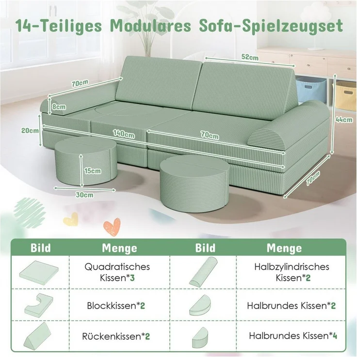 TLGREEN Kindersofa 15-teiliges modulares Kinderspielsofa aus Schaumstoff, abnehmbarer waschbarer Bezug, kinderfreundlich ohne scharfe Kanten, kreative Kuschelecke für Kinderzimmer & Kindergarten – Bild 2