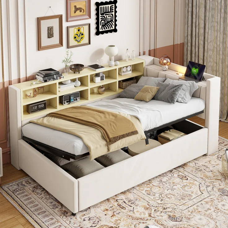 Polsterbett Schlafsofa Mit Hydraulischem Stauraum Mit Nachtlicht USB- und Typ-C-Ladeanschluss Mit Ablagen und Staufächern Gepolstertes Kopfteil Multifunktionsbett Samtstoff Beige 90 x 200 cm