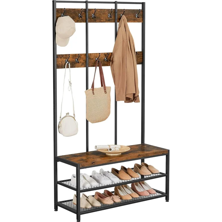 Vasagle große Garderobenständer mit Sitzbank im Industrie Design, Garderobe mit 12 Kleiderhaken und Schuhregal, Flurregal, Flur, Diele, Schlafzimmer, stabiles Eisengestell, 100kg, von Songmics, HSR86BX – Bild 9