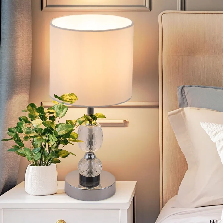 LED Tischleuchte, Kristallglas klar, Textil weiß – Bild 3