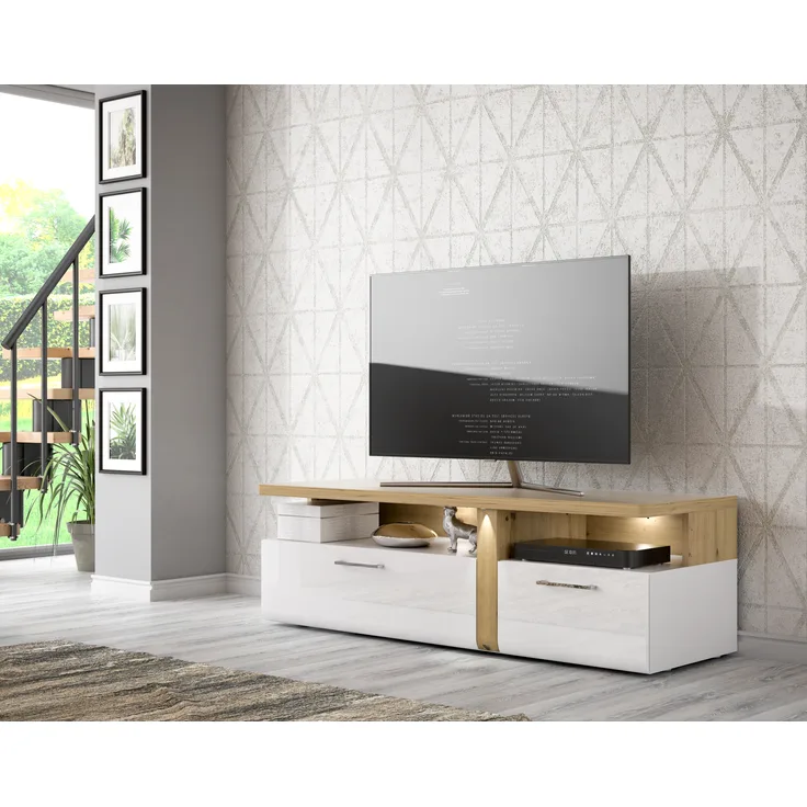 FORTE Tuluza TV-Unterschrank mit LED Beleuchtung, Holzwerkstoff, Weiß/Braun, 163,2 x 50,7 x 54,1 cm