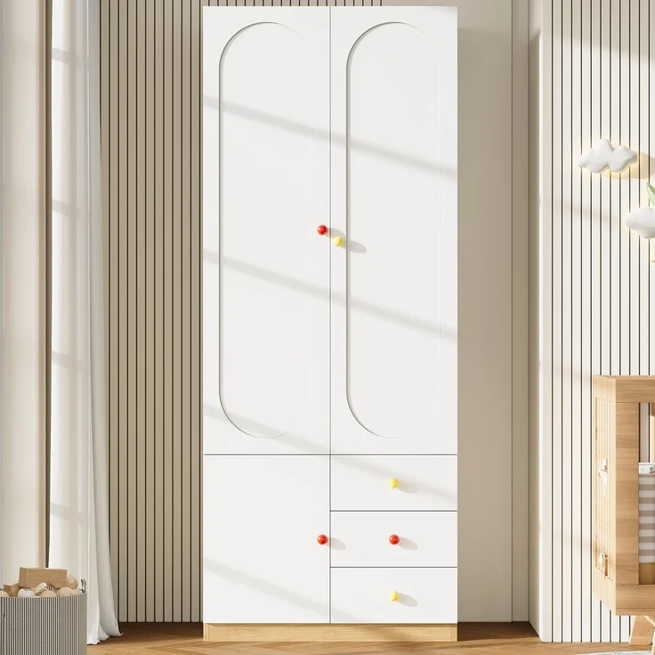 Kinder-Garderobenschrank 80 x 50 x 200 cm aus MDF, weiß lackiert, mit 3 Schubladen – Bild 2