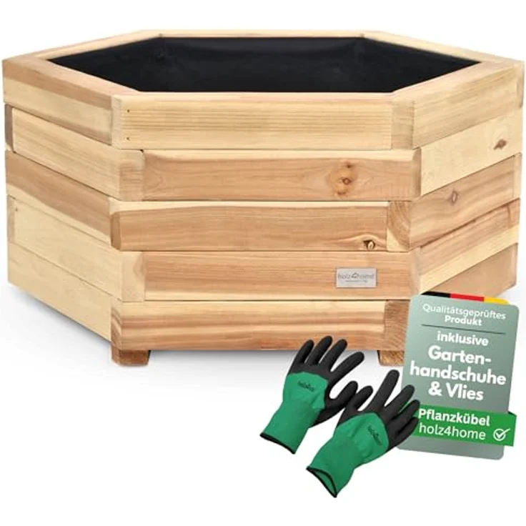 holz4home® Pflanzkübel 6-eckig aus Tannenholz I Outdoor Blumenkübel für Garten Balkon, inkl. Gartenhandschuhe & Vlies – Bild 2