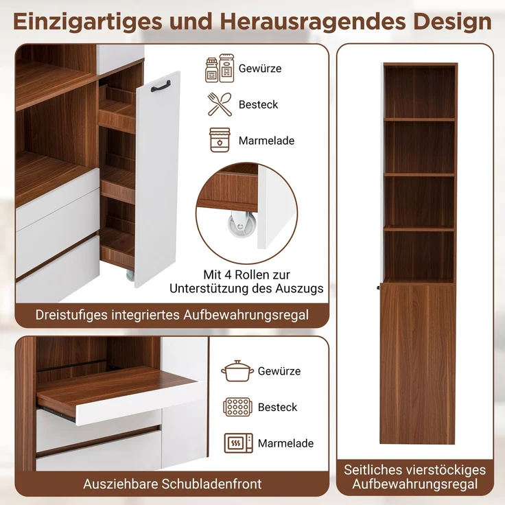 Highboard mit verstellbaren Regalböden und Schubladen, Buffetschrank mit ausziehbaren Regalböden und Riffelglas , Ideal für Esszimmer, Wohnzimmer und Küche (Weiß+Nussbaum) – Bild 8