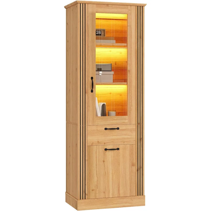 DESVIAE Regal als Vitrinenschrank Natur aus Spanplatte – 62x180x41 cm – LED-Beleuchtung, Spiegeltür, Schublade – Bild 7
