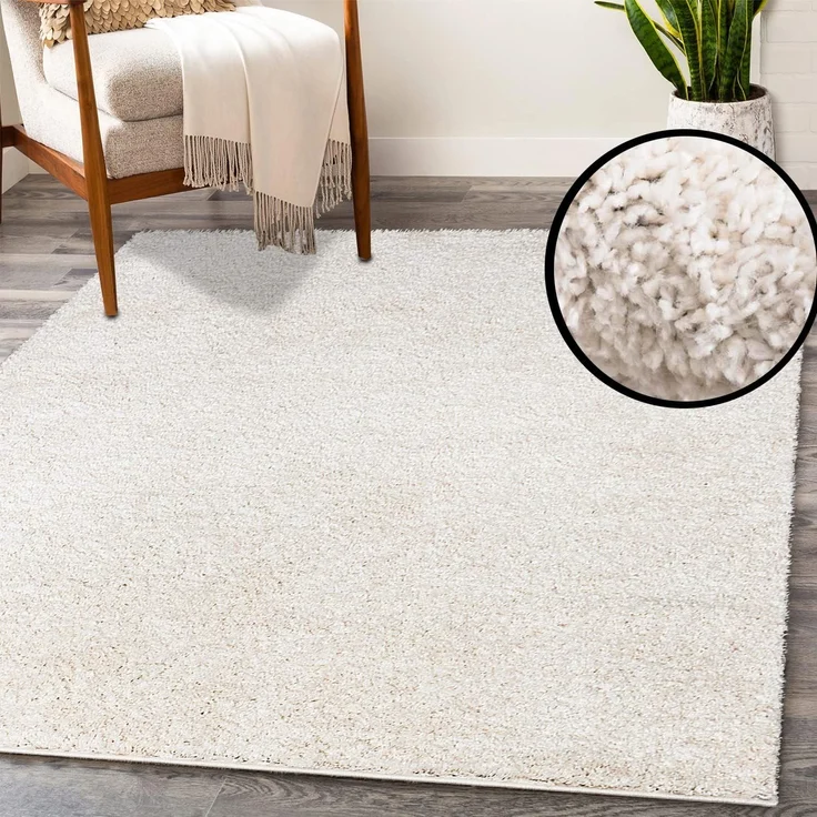 Teppich Wohnzimmer Hochflor Shaggy - 200x200cm - Creme Einfarbig Uni Flauschig Modern Boho Deko Teppiche Weich Schlafzimmer – Bild 6