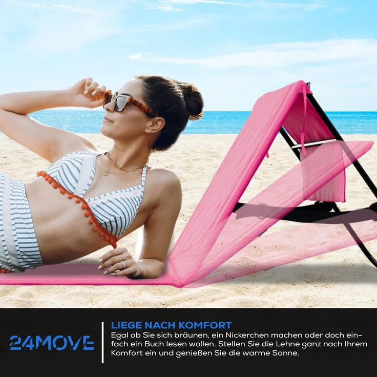 24MOVE Strandmatten Natal 2er Set mit Rückenlehne, rosa, 180x54 cm | 2 klappbare Strandliegen mit verstellbarer Rückenlehne, je 120x54 cm Liegefläche, Tragegurt und Reißverschlusstasche – Bild 3