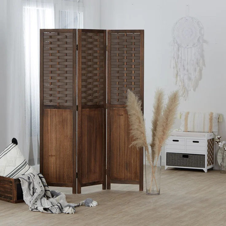 Paravent Raumteiler 3 teilig Holz Trennwand Rattan Optik Sichtschutz Braun – Bild 2