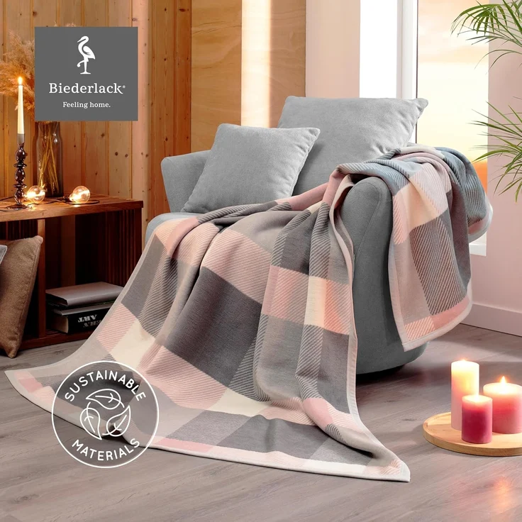 Wohndecke Check rosa, karierte Kuscheldecke in 150x200, Decke aus Baumwoll-Mix, Biederlack, Made in Germany – Bild 3