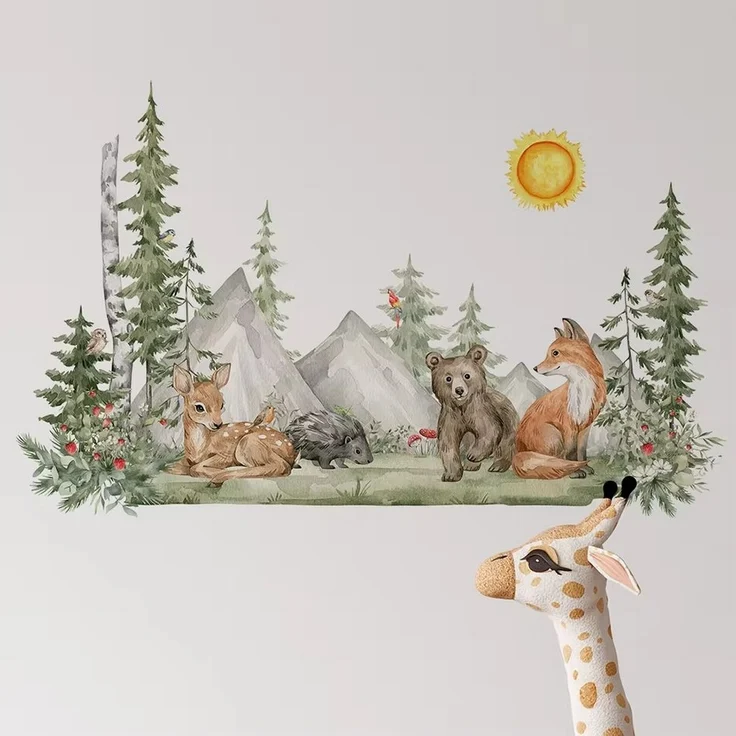 Montegoni Wandtattoo Handgemalte XXL Wandaufkleber mit Tieren im Wald-Stil für Kinder (Raumdekor, entfernbare Aufkleber, umweltfreundlich, DIY-Poster), XL, selbstklebend, rückstandslos entfernbar – Bild 2