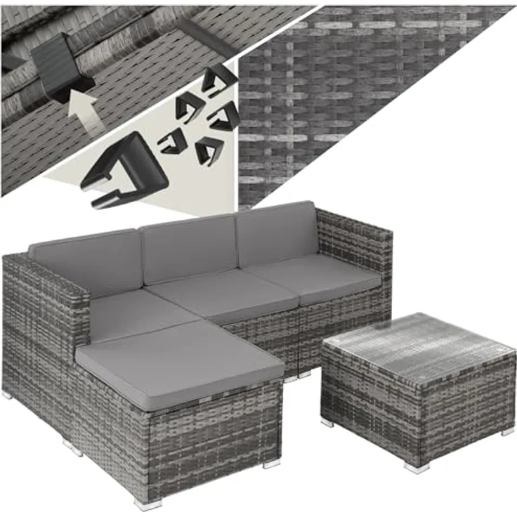 tectake® Poly Rattan Lounge, Outdoor Sitzgruppe, Set mit Sofa Sessel, Hocker, Tisch, frei kombinierbar, Sitzecke für 3-4 Personen, Möbel wetterfest für Garten Terrasse Balkon - grau