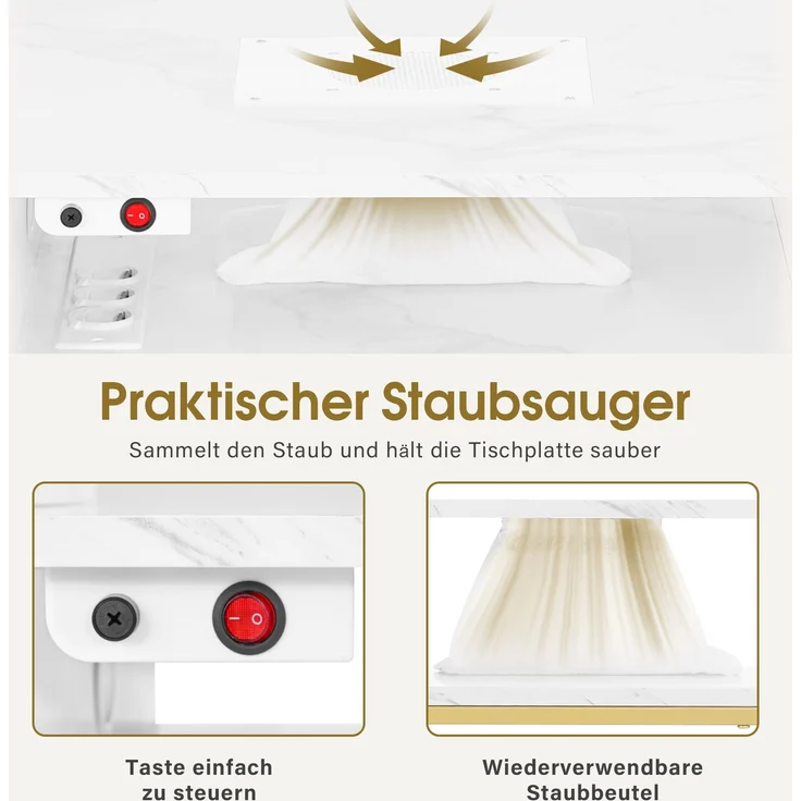 BarberPub Manikürtisch mit 3 Schubladen & 2 Ablagen, Nageltisch mit Absaugung, 2 Staubsaugerbeuteln, Nagelfrisiertisch Holz, Schreibtisch für Nagelstudio, Marmor-Weiß Gold, 57x112x80cm, 2472 – Bild 4