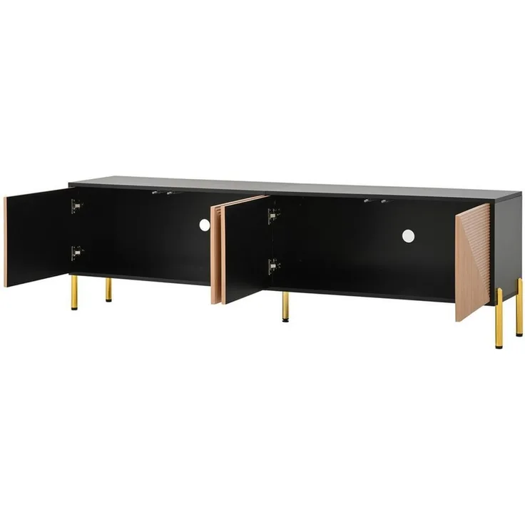 BlingBin Lowboard TV-Schrank Fernsehschrank TV-Ständer (Einzigartiges im Farbblock-Design, 1 St, mit 4 Türen und 5 Metallbeine), 179L x 35B x 53,5H cm, Schwarz + Natur