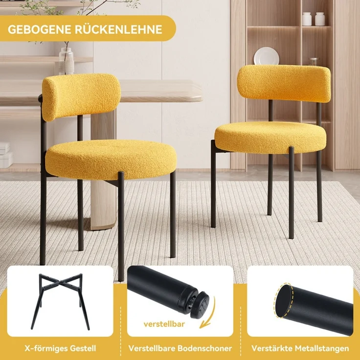 Hawthyhome Esszimmerstühle 2er Set Polsterstuhl mit runder Rückenlehne, Teddy Stoff Boucle Bezug, weich & kuschelig, ergonomisches Design, stabiles schwarzes Metallgestell, vielseitig für Esszimmer, Küche & Wohnbereich, Gelb – Bild 4
