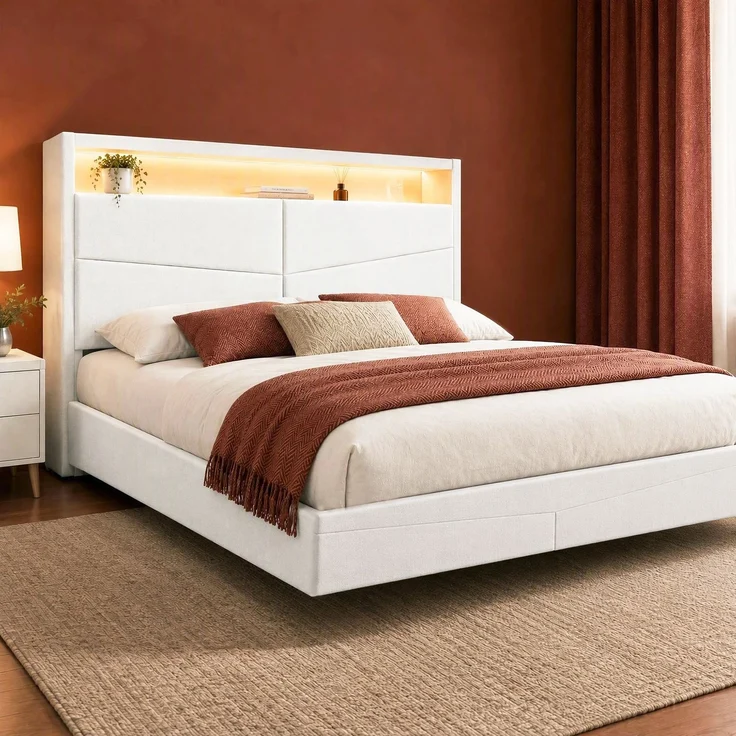Halupeit Bettgestell mit cremefarbenem Leinenbezug, Stauraum im Kopfteil, stimmungsvoller LED-Beleuchtung und integrierter Steckdosenleiste; 220,5 x 110 x 146,5 cm. – Bild 5