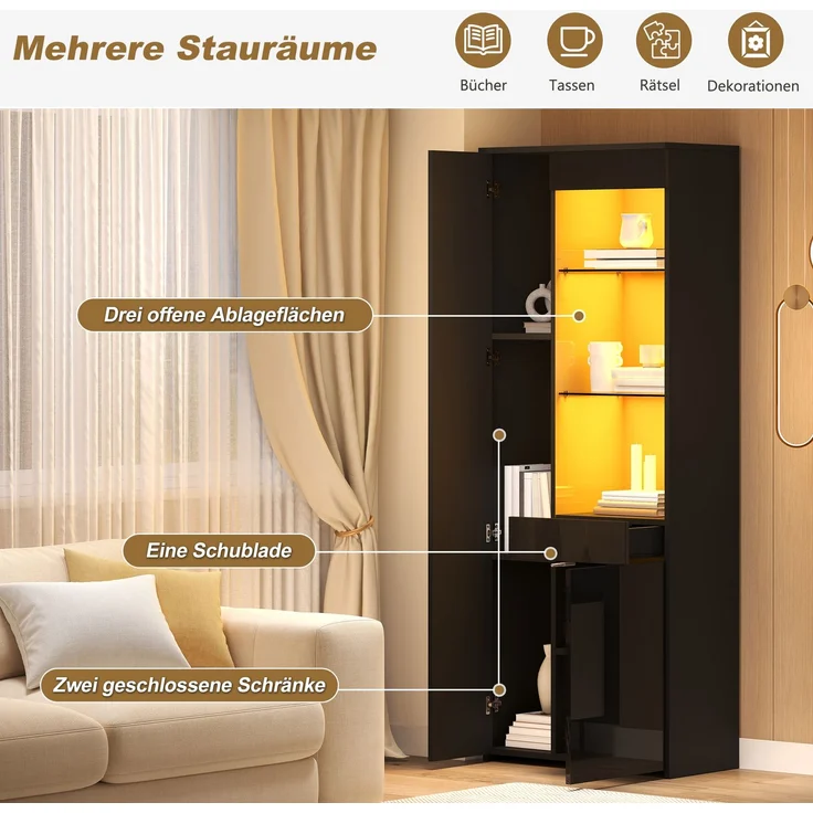 Vitrine 70 x 35 x 180 cm aus Spanplatte und gehärtetem Glas mit LED-Beleuchtung – Bild 9