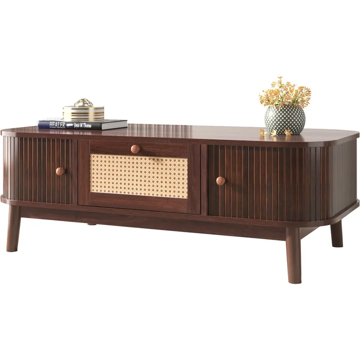 Merax Couchtisch - Rattan-Kaffeetisch, Schubladen mit Rattan und Schiebetüren mit Massivholzlatten, Massivholzbeine, braun