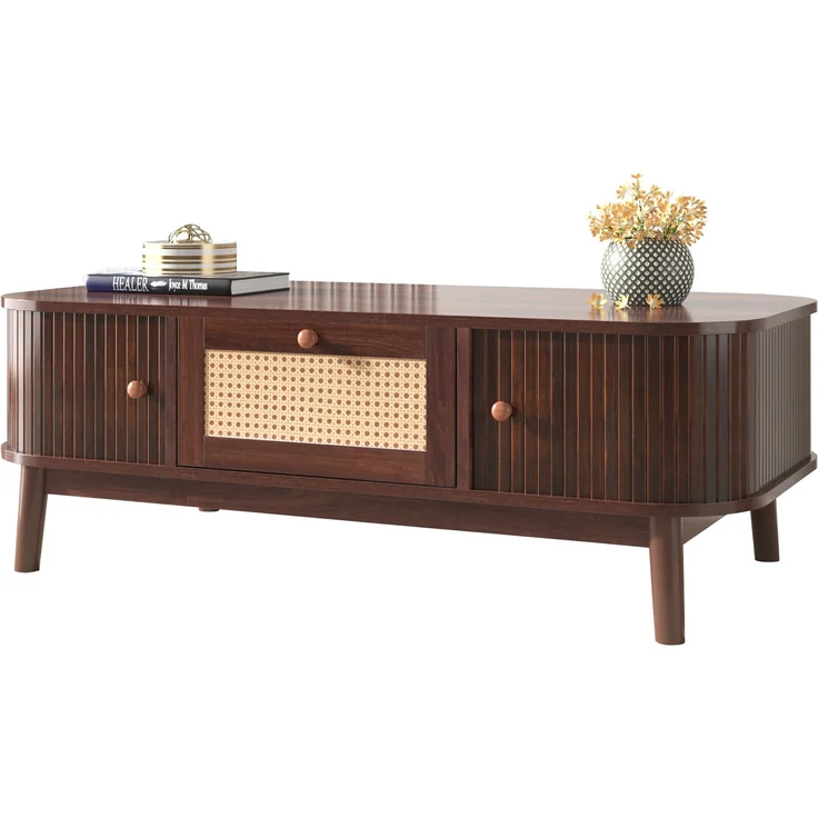 Merax Couchtisch - Rattan-Kaffeetisch, Schubladen mit Rattan und Schiebetüren mit Massivholzlatten, Massivholzbeine, braun – Bild 1
