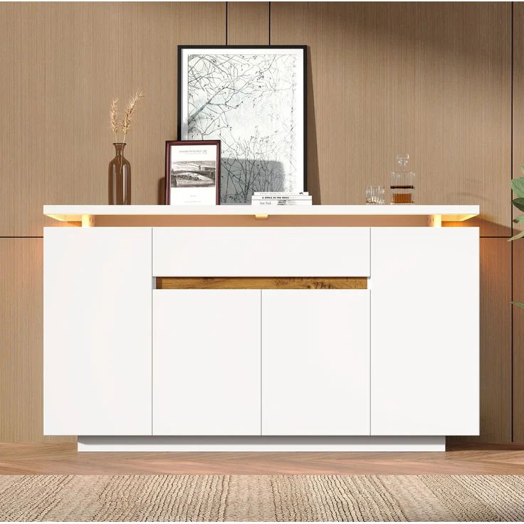 DESVIAE Sideboard mit LED-Beleuchtung und Schublade 140x80x40 cm Spanplatte Weiß – Bild 5