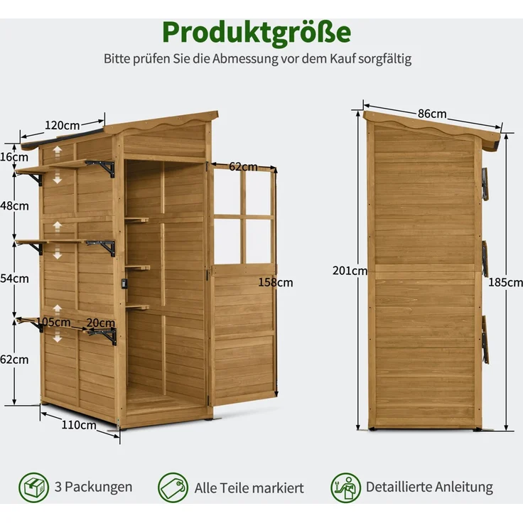 M MCombo Gartenschrank Gartenhaus Holz Wetterfest, Outdoor Schrank Wetterfest, Geräteschuppen Begehbar, für Außenbereich Balkon & Terrasse, Gerätehaus mit 3 feste Regale, 120×86×201 cm, 1753 (Natur) – Bild 3
