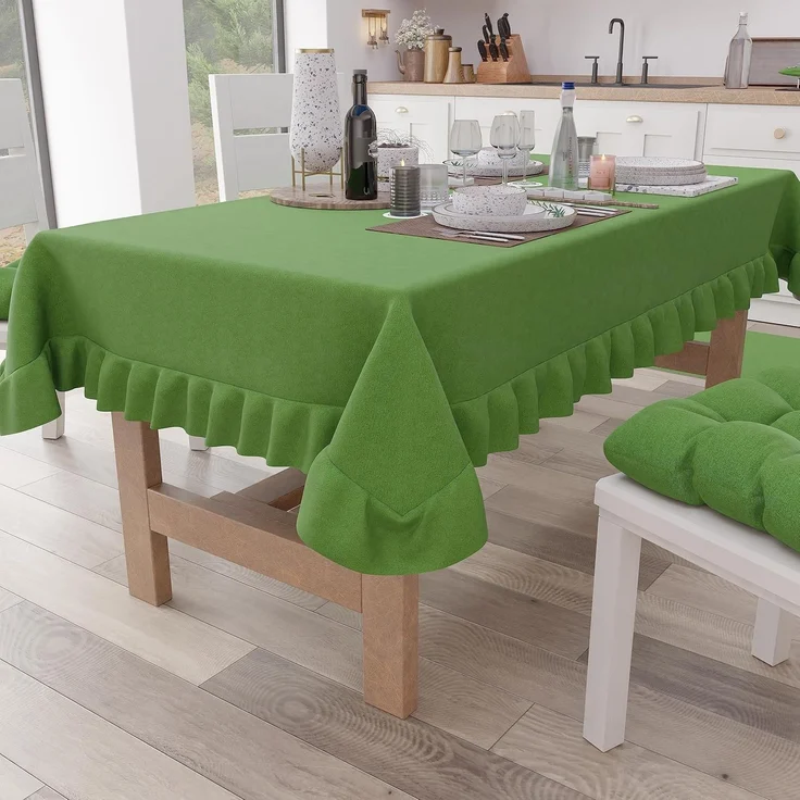 PETTI Artigiani Italiani - Tischdecke mit Volant, Tischdecke, rechteckige Küchentischdecke mit Volant, einfarbige Tischdecke aus Baumwolle, X12-Sitzer (140x240 cm) Grün