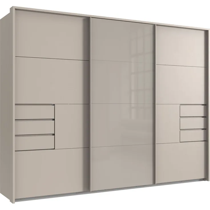 Schwebetürenschrank Kleiderschrank 3-trg 273cm Beige Grau Glasfront Passepartout