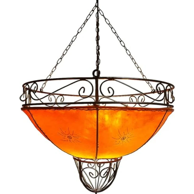 Marrakesch Orient & Mediterran Interior Pendelleuchte Demren Orange – Marokkanische Hängeleuchte Lampe aus Ziegenleder 45cm, Handarbeit – Bild 1