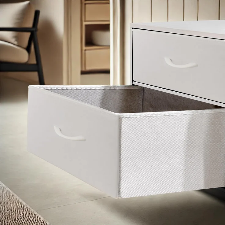 DUMOS Kommode für Schlafzimmer mit 2 Stoffschubladen, hohe Kommode Organizer für Kleidung, Schrank Kinderzimmer, Aufbewahrungsturm mit Schrank, Metallrahmen, Holzplatte, leichte Kinderzimmermöbel – Bild 3