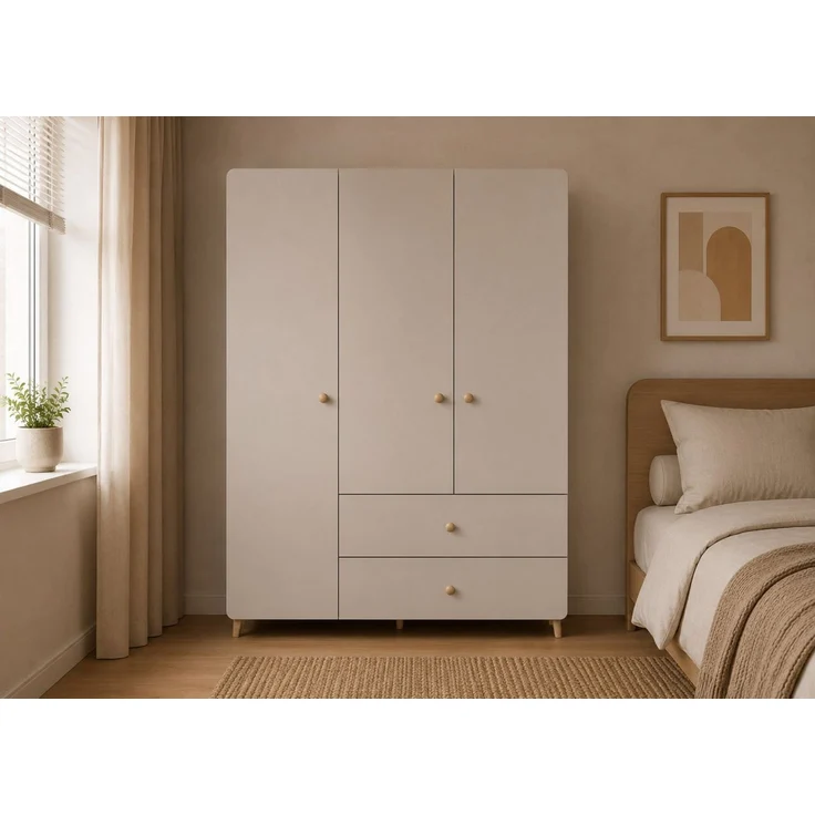 MOEBLO Drehtürenschrank MERK 3S2T (120 cm breit, mit 3 Türen, 2 Schubladen, 4 Einlegeböden, Kleiderstange und Holzgriffen, Kaschmir) (BxHxT):120 x 204 x 50 cm – Bild 1
