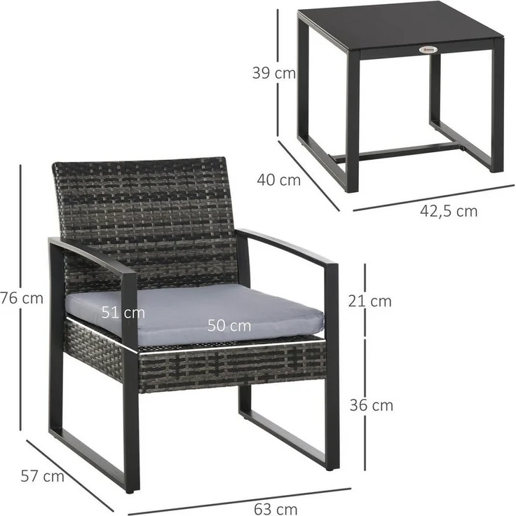 Outsunny Rattan, Polyrattan 3 TLG. Balkonmöbel Set Gartenmöbel mit Kissen Garten Grau – Bild 2