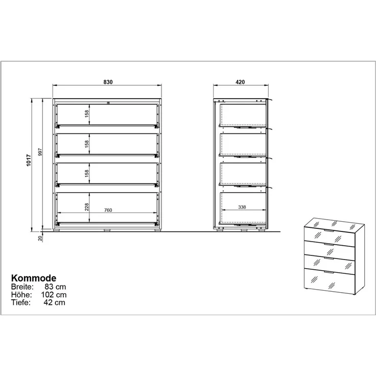 Kommode Owingen / Oakland, Glas, Holzwerkstoff, Weiß, 83 x 102 x 42 cm – Bild 6