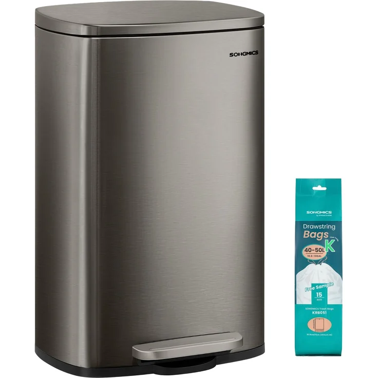 SONGMICS Mülleimer Küche Abfalleimer Treteimer Stahl 50 Liter | Abfalleimer, Treteimer, Stahl, mit Deckel, Softclose, Fußpedal, Inneneimer, Silbergrau LTB050GZ01