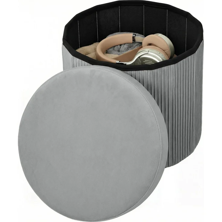 MELAYR, Puff Aufbewahrungsbank, zusammenklappbar, 35 l, 38 x 38 x 38 cm, samtgepolsterter, Dunkelgrau – Bild 2