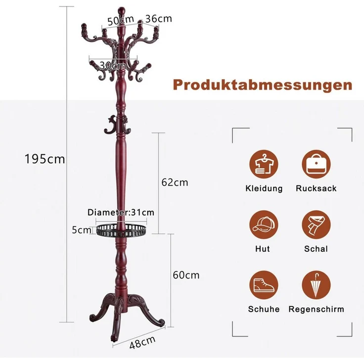 JUFU Garderobenständer aus massivem Buchenholz im klassischen Stil, 195 cm hoch, (1 St), mit Metallablage, abgerundeten Haken & stabilem Dreibein – Bild 2