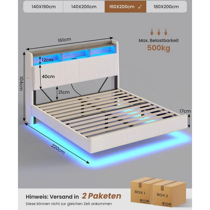 MSMASK Polsterbett Schwebebett mit 270°-LED-Beleuchtung, USB & Type-C Ladestation (Ohne Matratze), Doppelbett mit Stauraum-Kopfteil 160x200 cm – Bild 2