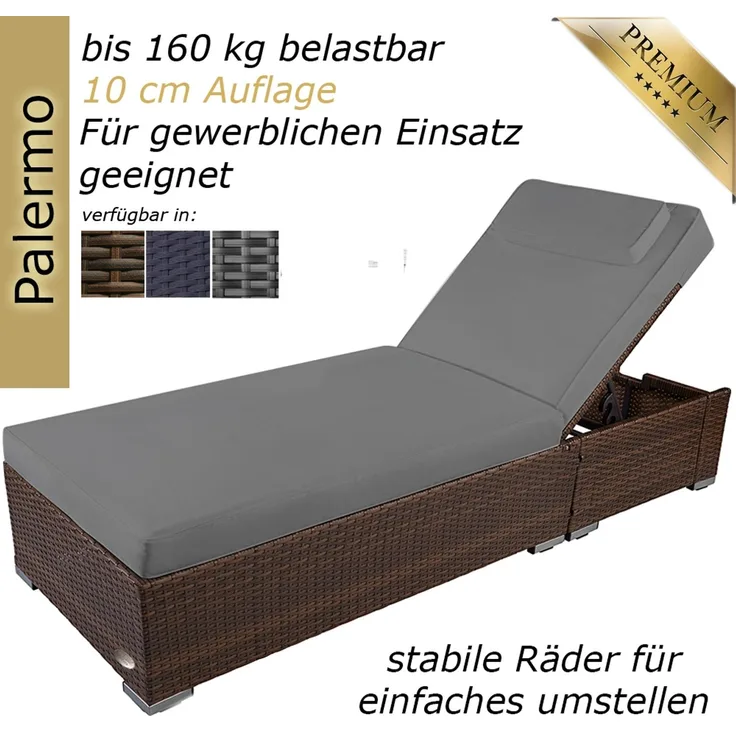 Sonnenliege Palermo mit Rollen (inkl. Auflage, Farbe wie abgebildet) aus hochwertigem Polyrattan, Liegen Farbe: Java Braun mit grauer Auflage