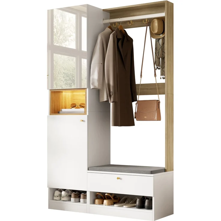 Garderoben-Set B 105 x T 35 x H 180 cm aus Spanplatte mit Sitzbank, Spiegel und LED-Beleuchtung – Bild 7