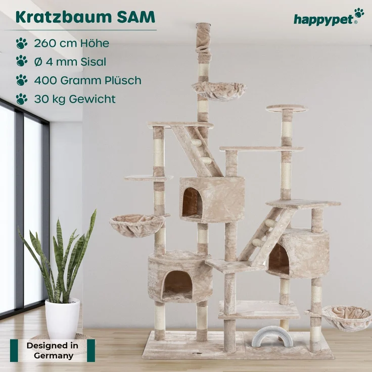 Happypet Kratzbaum SAM, Gesamthöhe bis 260 cm, Extra Breit, Deckenhoch mit viel Zubehör – Bild 2