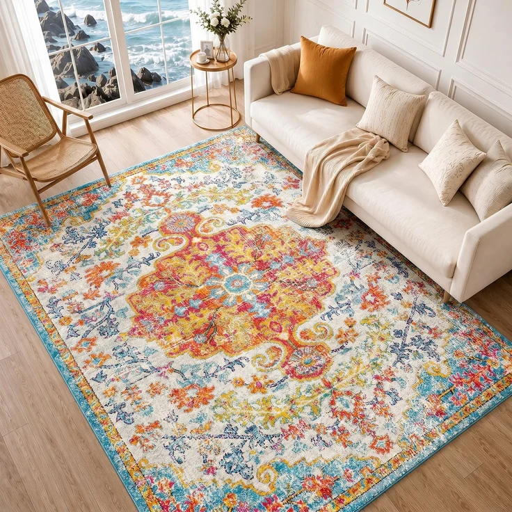 Livabliss Asmara Vintage Teppich groß - Teppich Wohnzimmer 120x170 cm, Esszimmer, Schlafzimmer, Orientalischer Teppiche Boho Style - Carpet Living Room, Bunter Muster, Rot, Orange, Blaugrüne, Beige